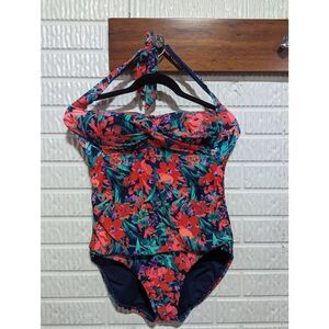 Catalina Women's XL 16/18 Orange Blue Floral One-Piece Halter Top Swimsuit